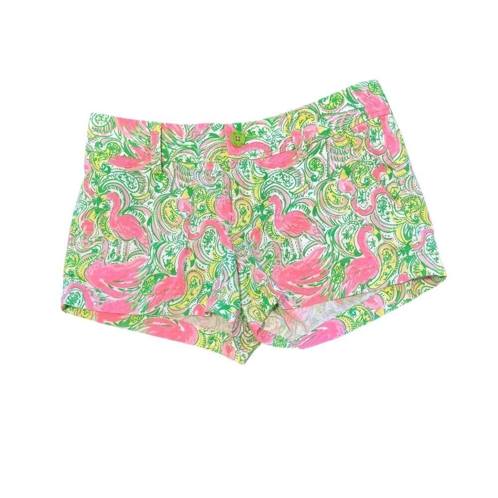 Lilly Pulitzer Walsh Flamingo Print Shorts Size 2 Green & Pink Paisley Cotton Wo
